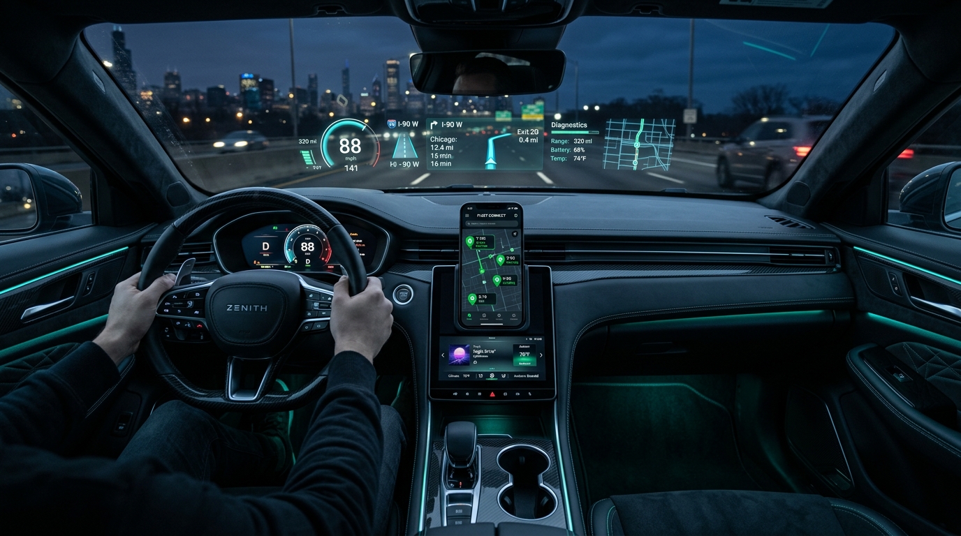 KI-generierte Visualisierung: TrackSafeCore Telematik Cockpit und Driver App
