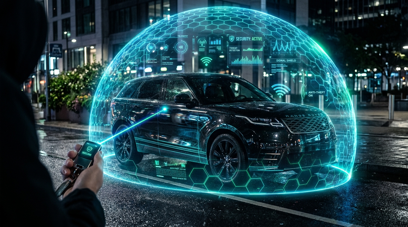 KI-generierte Visualisierung: SECO Keyless Go Diebstahlschutz Funkwellen Abwehr